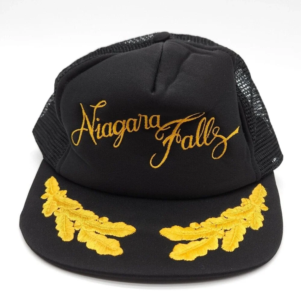 Vintage Niagara Falls Mesh Snapback Trucker Hat Black Gold Leaf Scramble Egg Cap
